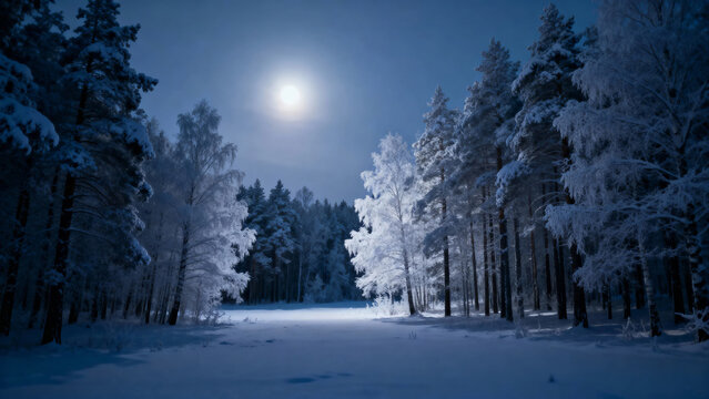 Snow-covered forest path illuminated by a full moon at night