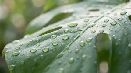 Close-up of raindrops  on a smooth leaf or glass surface. Centered focus with shallow depth of field; blurred background creating soft bokeh.