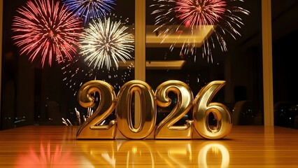 Golden 2026 New Year's Eve celebration with fireworks.