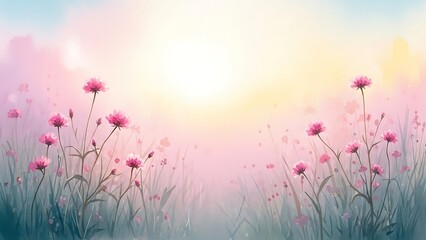 Pink Wildflowers in Soft Morning Light Watercolor Landscape image photo