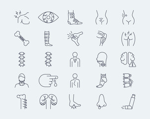 Injury and disease line icons set. Editable stroke. Simple vector icon in modern thin line style. Vector illustration.