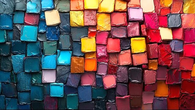 Colorful mosaic of paint squares in vibrant arrangement