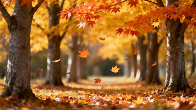 Autumn pathway lined with trees, fallen leaves covering ground, orange and yellow foliage