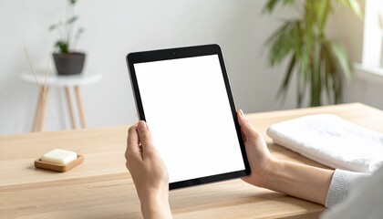 A modern office scene featuring a person holding a digital tablet with a blank screen, showcasing technology and communication in a corporate environment.
