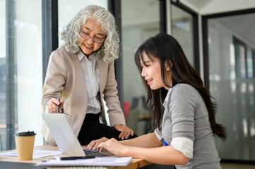 Fototapeta premium Old asian businesswoman sitting on table and talking to young coworker typing on laptop in office.