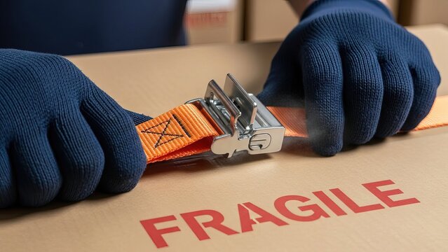 Packing fragile items securely with straps for moving and shipping services for safe transportation