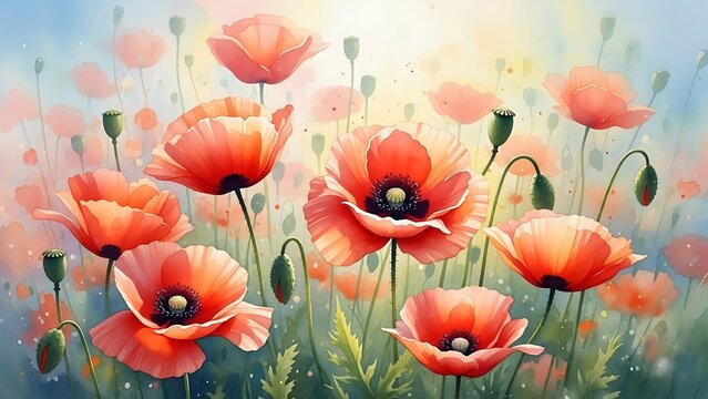 Impressionistic Watercolor Field of Red Poppies in Sunlight red flowers floral