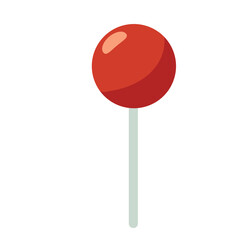 A red round candy on a stick illustrated in a clean flat style, ideal for sweet treat graphics, children’s themes, dessert visuals, and fun creative projects.
