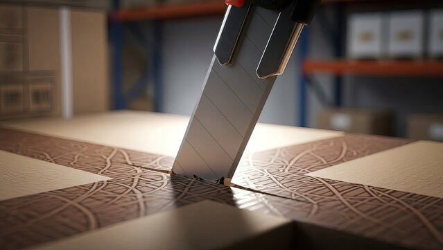 Box cutter cutting cardboard package in warehouse for shipping and delivery preparation process tool