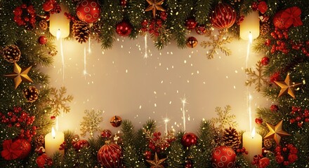 Christmas Border with Evergreen Branches, Red and Gold Ornaments, Pinecones, and Lit Candles on White Background