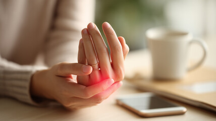 日本人の女性が自宅で親指の関節痛を手当てしている