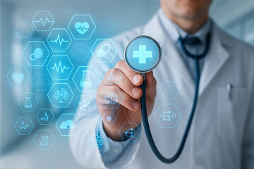 AI generated doctor holding stethoscope with blue holographic medical icons representing diagnostics data connection smart hospital and modern digital health systems in clean blue white environment