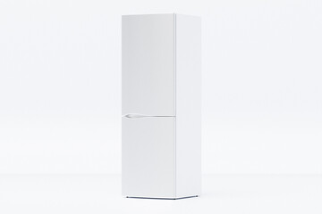 A high-quality 3D illustration of a modern, double-door, two-chamber white refrigerator set against a light background.