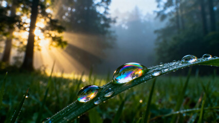 Morning dew drops on grass blade with sunlight filtering through forest mist