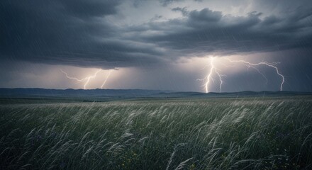 Powerful lightning illuminates a vast grassy plain during a dramatic thunderstorm.