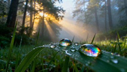 Sunlight filtering through a misty forest illuminates dewdrops on grass, creating rainbow reflections.