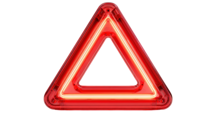 Red emergency warning triangle hazard sign glowing with neon light, symbolizing danger, alert, and caution on transparent background