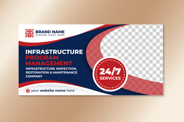 infrastructure program manufacture landing page design on horizontal layout. combination blue and red on element with space for photo.