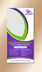 relaxation therapy Brochure template, muscle energy technique Flyer design green and purple template illustration. vertical layout with space for photo.