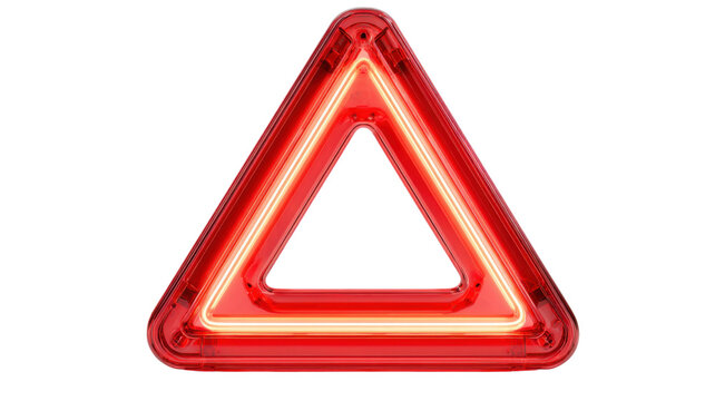 Red emergency warning triangle hazard sign glowing with neon light, symbolizing danger, alert, and caution on transparent background