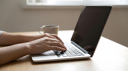 Close-up of hands typing on unbranded laptop keyboard, neutral desk background, bright diffused light, subtle reflections, conveying professional, modern, remote-learning.