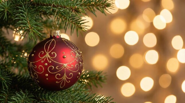 A  red Christmas ornament with gold patterns hanging on a green fir tree branch, with blurred warm lights in the background.