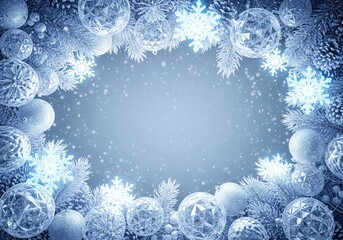 Winter Holiday Background with Frosted Pine Branches, Snowflakes, and Glittering Ornaments on Icy Blue Gradient