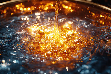 Naklejka premium A close-up view of water splashing, illuminated with golden highlights, creating a mesmerizing and dynamic visual effect.