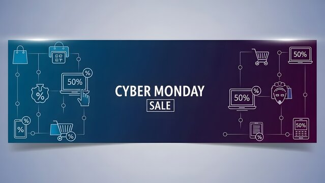 Cyber Monday sale banner with shopping cart, laptop, and percentage icons on a gradient background.