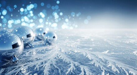 Silver Christmas Ornaments on Frosty Ice Surface – Blue Winter Holiday Background with Bokeh Lights