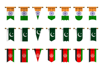 South Asia Pennant Flag Set. India, Pakistan, and Afghanistan in Multiple Banner Styles