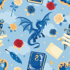 Blue Fantasy Dragon Seamless Pattern with Roses Magic Books and Feathers