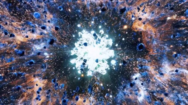 Abstract art displaying a blue and gold explosion of orbs, light, and texture