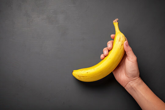 Ripe yellow banana in male hand. A hand holds a ripe, yellow banana against a dark background, emphasizing its vibrant color and natural shape. Masculinity, phallic symbol, vitality, sexual health.