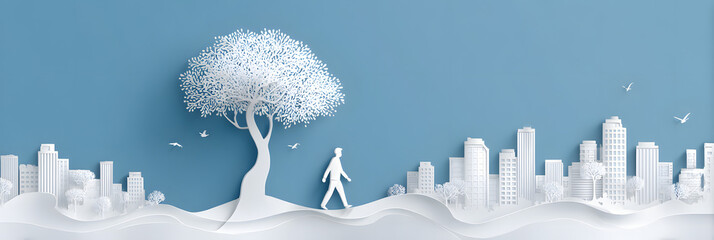 The person who knows. Tree, Achieve sustainable growth, World Environment Day. White eco urban city and nature landscape background paper art style.	
