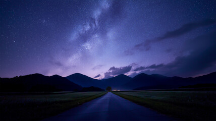 星空の下、直線道路と山並みが伸びる静かな夜景