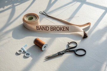 A flatlay composition featuring a broken band and sewing tools