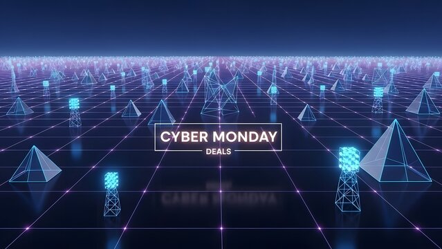 Cyber Monday deals background with geometric shapes and grid pattern in blue and purple tones. - Powered by Adobe