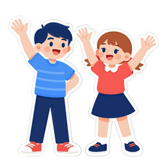 Fototapeta premium Happy Children Waving Hands Cartoon Illustration