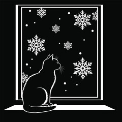 Cat Sitting on Window Watching Falling Snow &ndash; Black and White Christmas Silhouette Vector Art