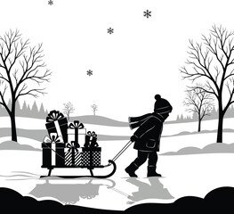 Child Pulling Christmas Gift Sled Across Snowy Path &ndash; Black and White Silhouette Vector Art