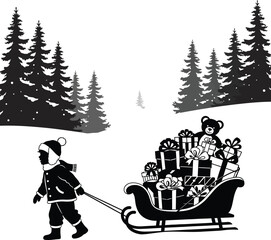 Child Pulling Christmas Gift Sled Across Snowy Path &ndash; Black and White Silhouette Vector Art