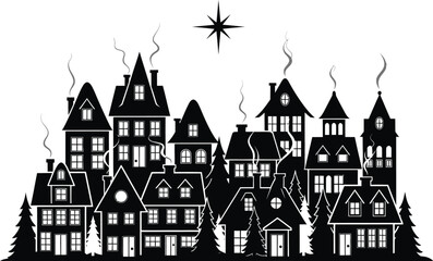 Christmas Village Houses with Snow and Chimney Smoke &ndash; Black and White Winter Silhouette Vector Art