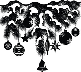Snow-Covered Pine Branch Hanging with Christmas Ornaments &ndash; Black and White Silhouette Vector Art