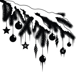 Snow-Covered Pine Branch Hanging with Christmas Ornaments &ndash; Black and White Silhouette Vector Art