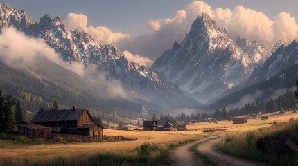Peaceful Village Among Towering Peaks and Golden Grasslands - Powered by Adobe