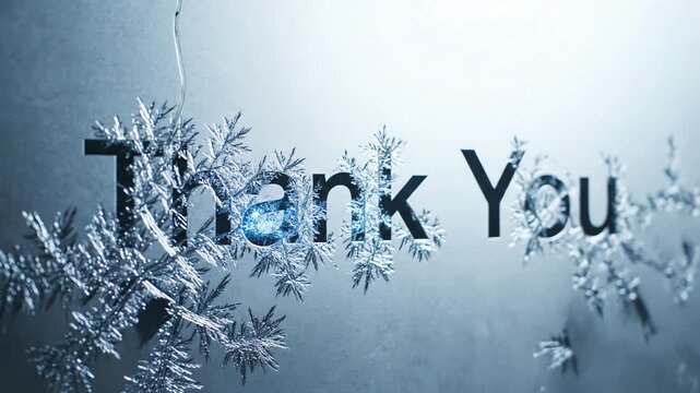 Elegant 'Thank You' text appears with shimmering ice and frost on a light blue background for a winter gratitude concept and seasonal appreciation