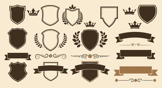 Collection of Vintage Shields, Crowns, and Banners for Design.