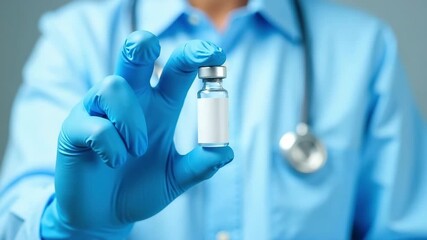 Generative AI. Medical professional in blue scrubs holding a vaccine vial with a stethoscope around their neck, symbolizing healthcare and vaccination efforts in a clinical setting - Powered by Adobe