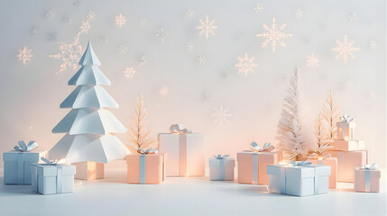 white christmas tree with presents and snowflakes